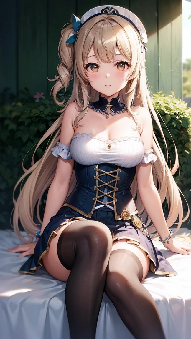 minami kotori, One side up, Cinta para el pelo, Obra maestra, calidad superior, high resolution, papel de pared unidad 8k, illustration, ojos detallados, cara extra detallada, CG muy detallado, labios brillantes, maquillaje ligero, de pie, corset, bragas, botas hasta el muslo, espada, collar, (bosque)