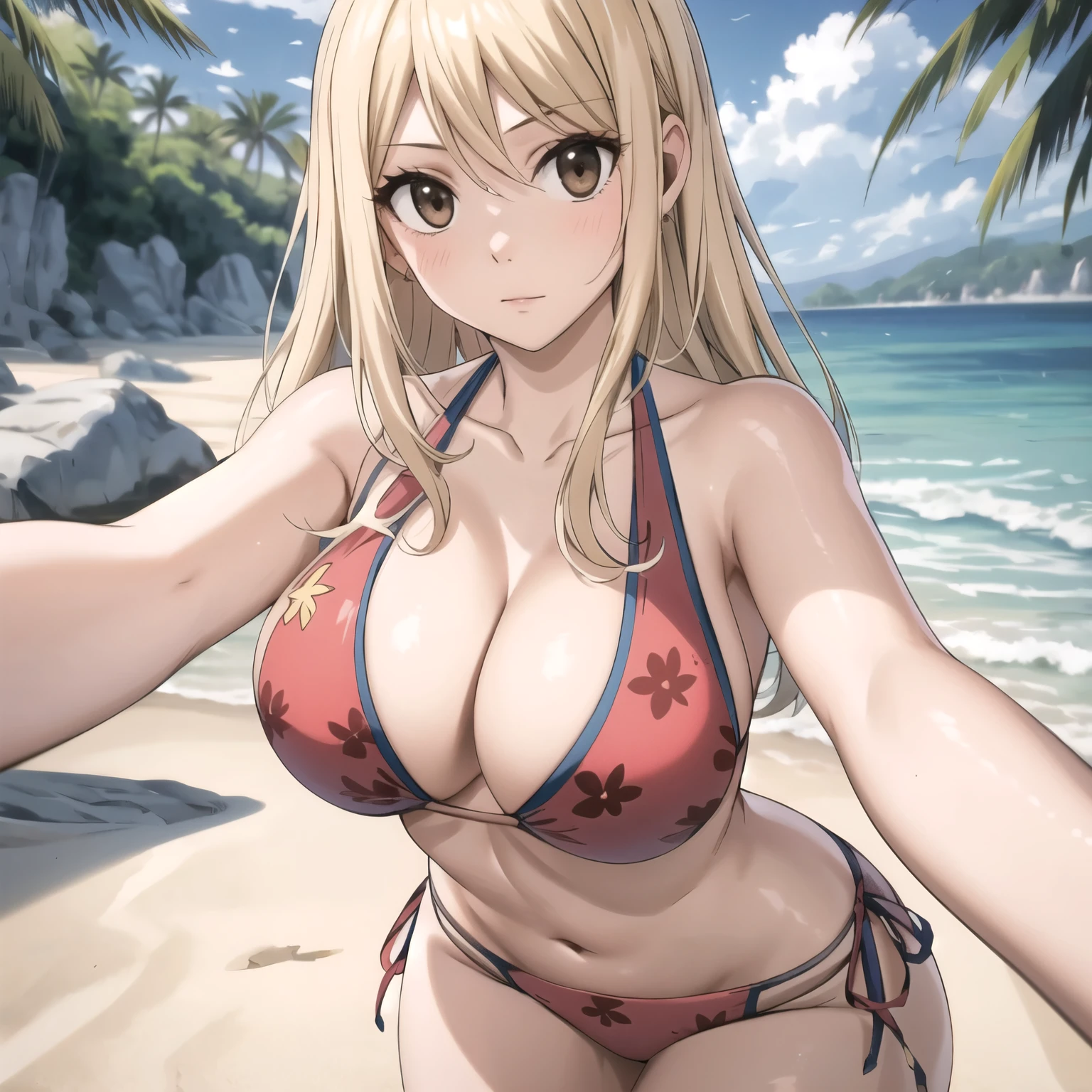 Lucy Heartfilia, 24 year old woman long straight blonde hair,, Brown eyes, pechos grandes bikini azul , manos  selfi, selfi fondo una playa.