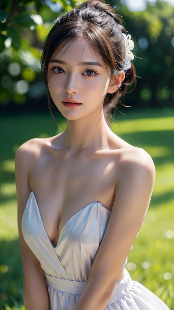 One woman,fully body photo,masutepiece, The highest image quality, High quality, the background is clear，Beautiful woman, Japanese, Detailed, Detailed eyes, Detailed skin, Beautiful skin, 超hight resolution, (reality: 1.4),Very beautiful woman, Slightly younger face, Beautiful skin, slender, (Ultra photo realsisim), (hight resolution), (8K), (Very detailed) (beautifully detailed eyes), (super detailed),   (Detailed face), view the viewer, Fine details, Detailed face, Staring straight ahead, Staring straight ahead, photos realistic, Bright lighting, Professional Lighting, Black hair,poneyTail,a baby face,sixteen years old,Hairstyle: ponytail,wear a ribbon,Long ponytail hairstyle,winking,Clear sky, on grass, naked portrait, nude photography, shiny nipple, show armpit 