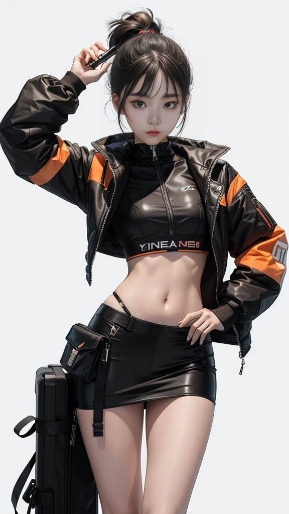 An 18 year old Korean teenage girl, make-up douyin, wears cool cyberpunk style clothes in variations of black and orange, poses sexy while carrying a sword, on a white background.