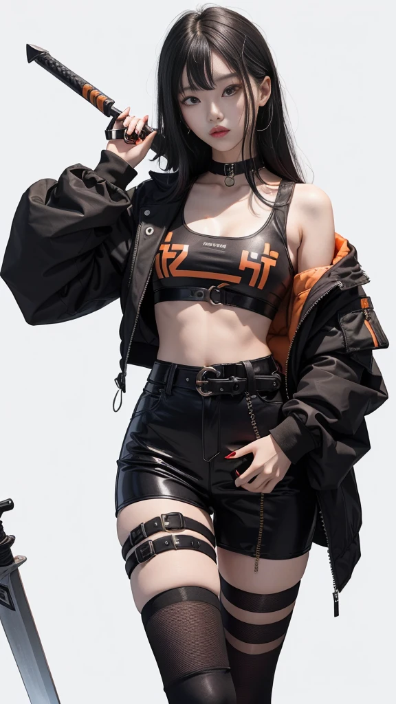 An 18 year old Korean teenage girl, make-up douyin, wears cool cyberpunk style clothes in variations of black and orange, poses sexy while carrying a sword, on a white background.