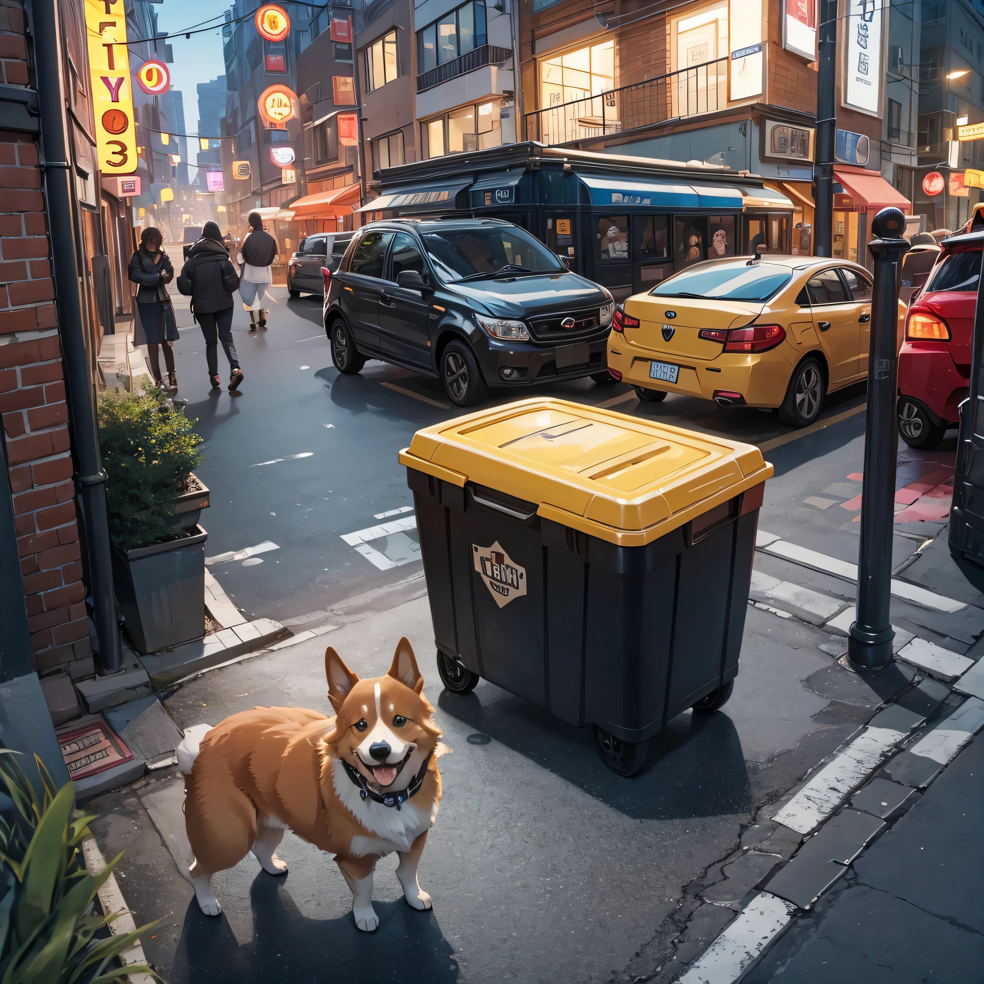 Dog, street, night, corgi, car, trash can, rumage