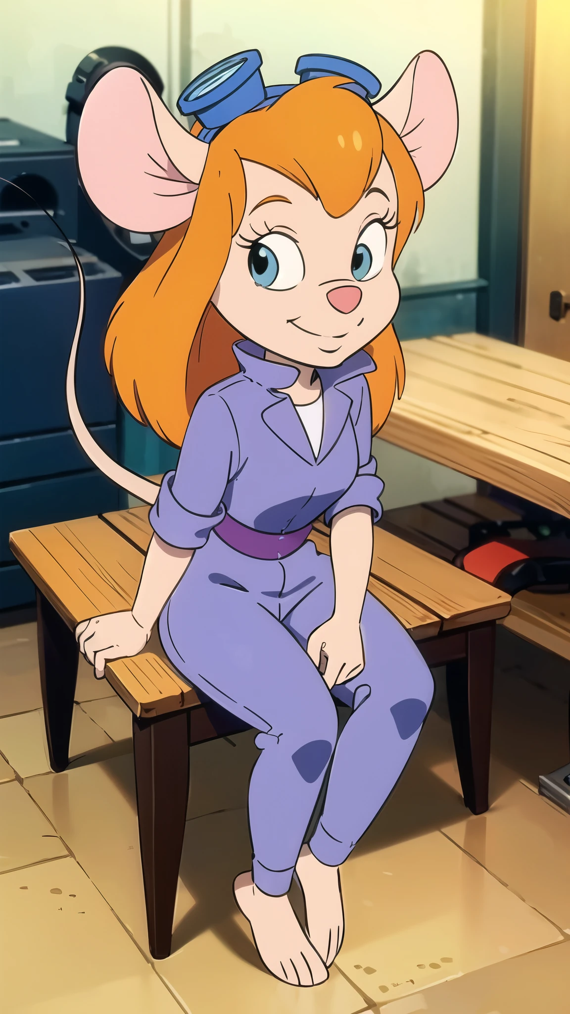 CARTOON_gadget_hackwrench mouse, mouse girl, animal nose, orange hair, jumpsuit, goggles on head, bare feet, animal feet, smiling, long mouse tail, workshop background, work bench