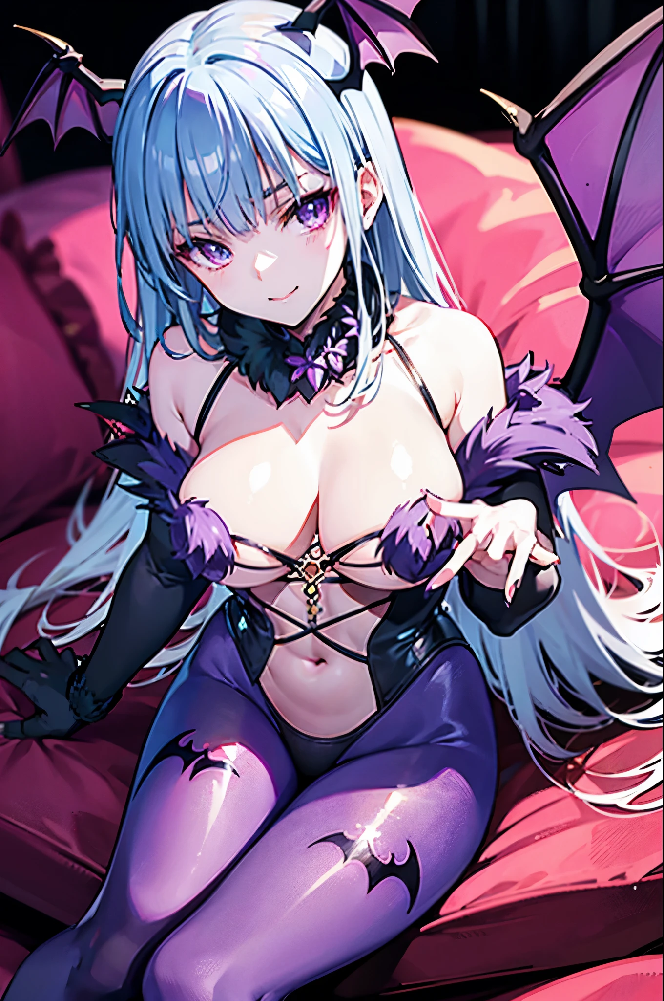 highest quality　Highest quality　Draw a face carefully　High-definition anime-style face　Super Glowing Skin　Black leotard　Bat-print purple pantyhose　Succubus　lure　smile　Sitting cross-legged　Morrigan Aensland