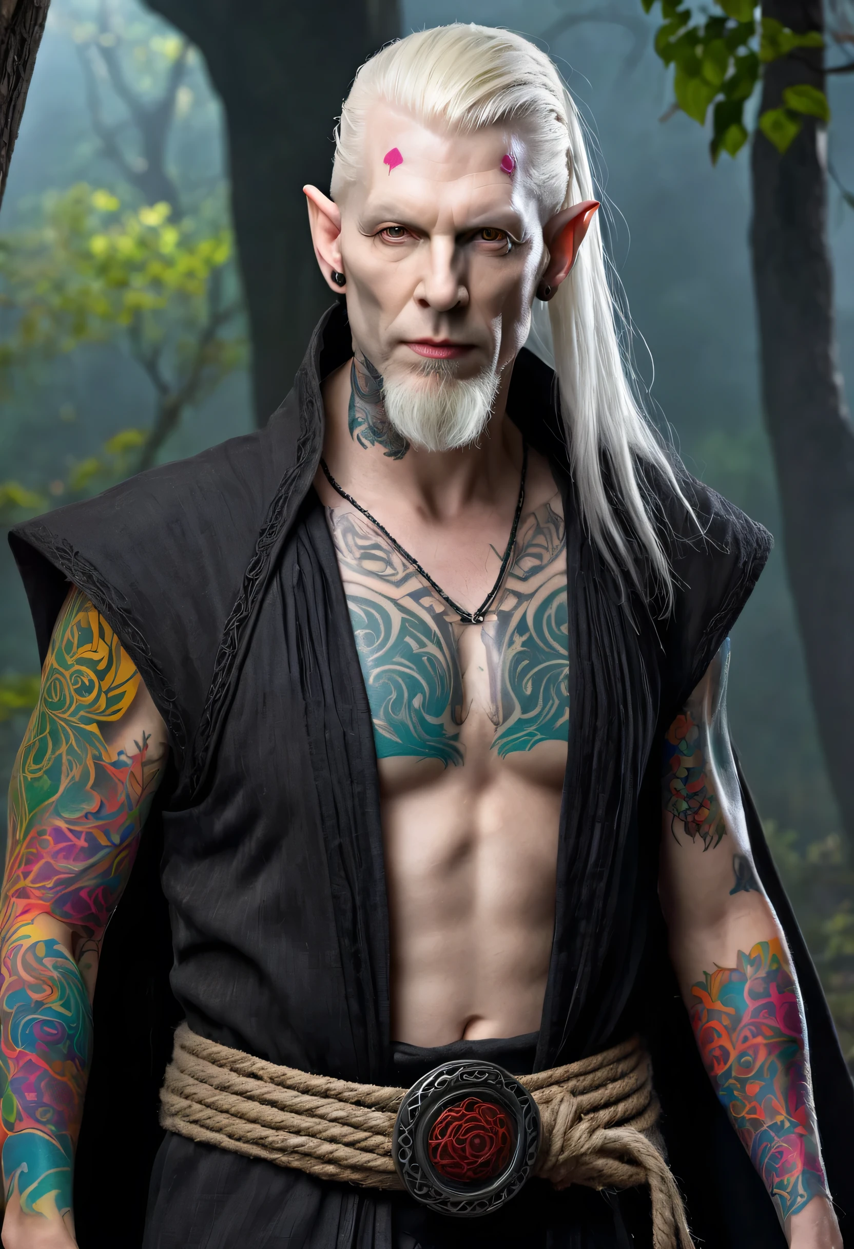 ((Male wood elf, elven, vampire, horror)), (Artstation:1.1), (great eye detail:0.7), solo, masculine, skinny, looking at viewer, photorealistic, 8k, highly detailed, full body, ((40 years old, ashen albino skin, long gray hair ponytail, black eyes, (upset, rough black burlap robe, rope belt, (((baleful, colorful face tattoo:1.7)))), inspired Bram Stoker))