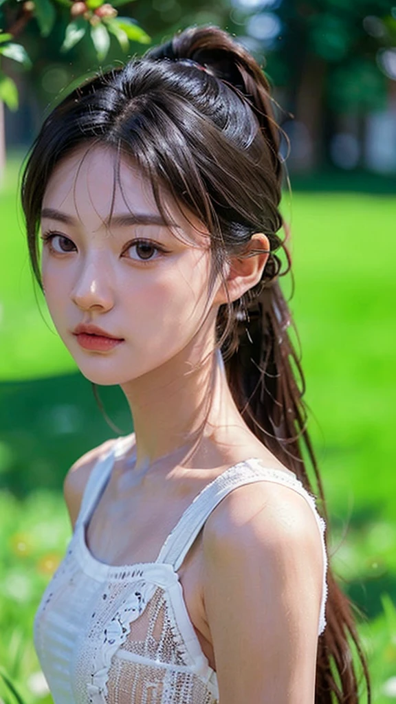 One woman,fully body photo,masutepiece, The highest image quality, High quality, the background is clear，Beautiful woman, Japanese, Detailed, Detailed eyes, Detailed skin, Beautiful skin, 超hight resolution, (reality: 1.4),Very beautiful woman, Slightly younger face, Beautiful skin, slender, (Ultra photo realsisim), (hight resolution), (8K), (Very detailed) (beautifully detailed eyes), (super detailed),   (Detailed face), view the viewer, Fine details, Detailed face, Staring straight ahead, Staring straight ahead, photos realistic, Bright lighting, Professional Lighting, Black hair,poneyTail,a baby face,sixteen years old,Hairstyle: ponytail,wear a ribbon,Long ponytail hairstyle,winking,Clear sky, on grass, naked portrait, nude photography, shiny nipple, show armpit 