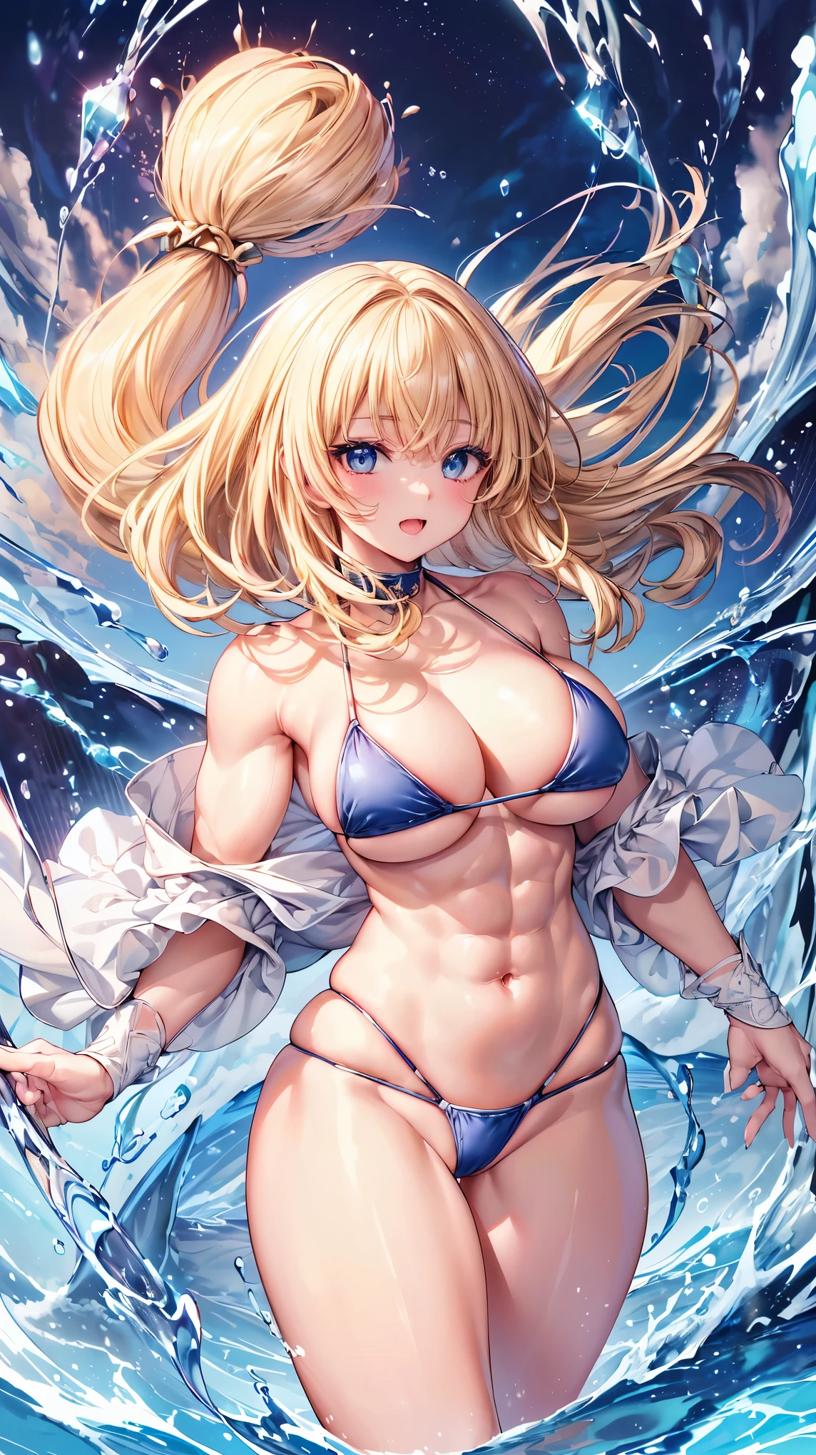 Very detailed、highest quality、Best image quality、masterpiece、8k、Anime Face、A kind smile、(Open your mouth:1.3)、Sparkling blue eyes、(Blonde medium hair:1.5)、(Muscles of the whole body:1.3)、(High leg:1.5)、Thigh belt、(High cut bikini:1.5)、(Cowboy Shot:1.5)、(SFW Giant)、(Thick body:1.2)