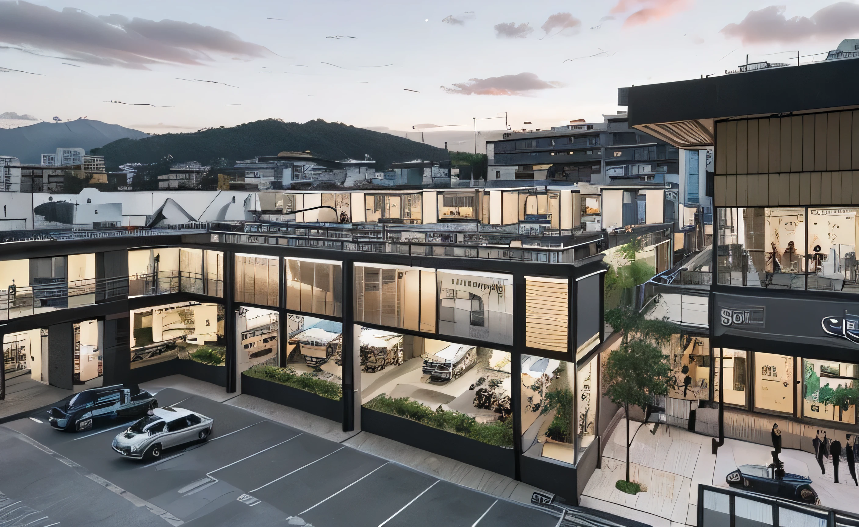 Un centro comercial abierto de 4 niveles de altura, para un terreno de 20 por 25 metros, con un estilo arquitectonico moderno y lujoso, vista desde afuera y lejos, con colores modernos en escala de grises y negro y madera calida, alta calidad, 4k