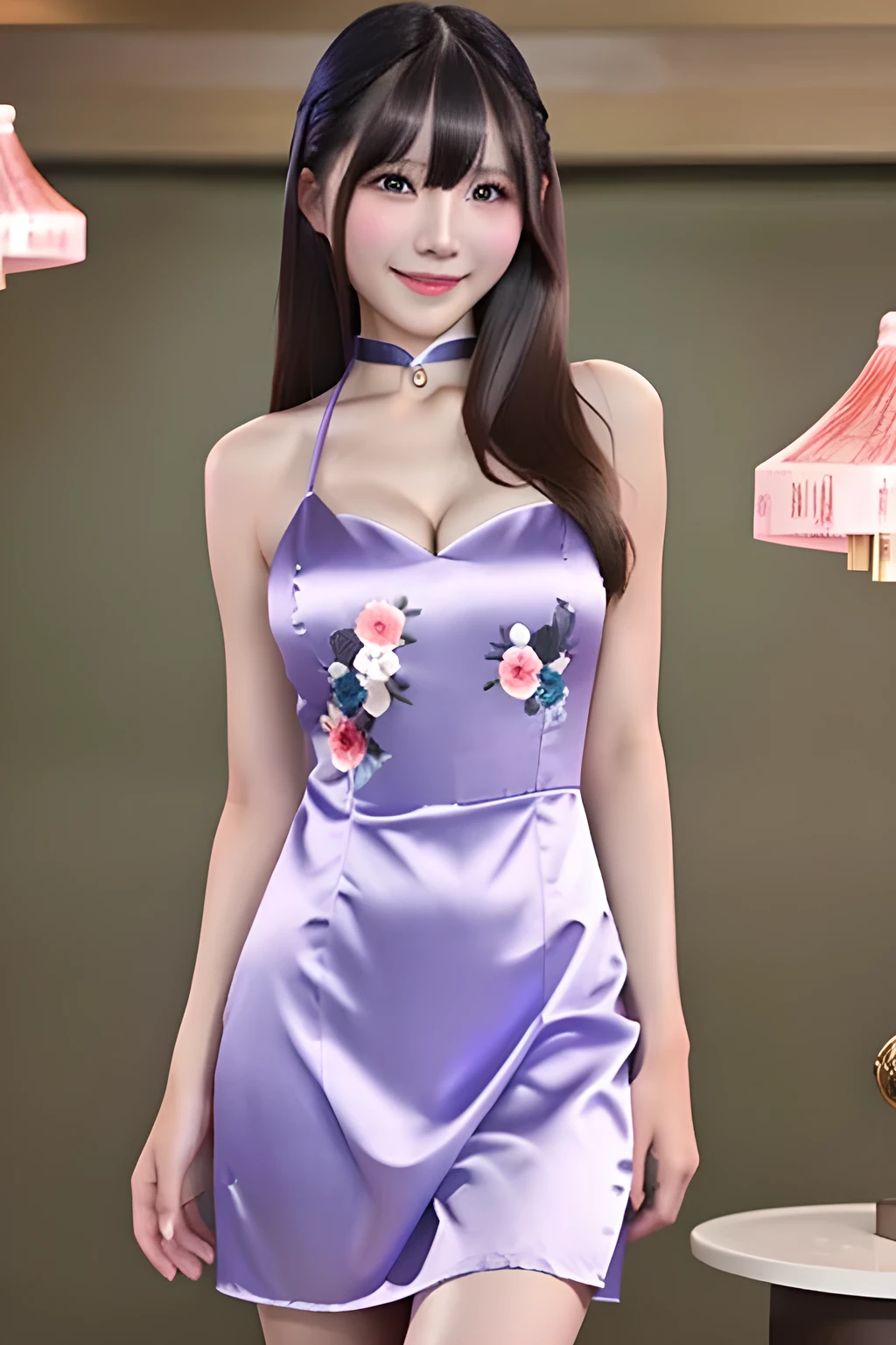 Product quality, One girl per photo, Cowboy Shot, Front view, Cute young Japanese women, Long Bob Hair, Very smiling, ((Translucent satin Chinese-style dress, Lavender color, Floral)), Super cute face, Glossy Lips, Double eyelids on both eyes, Natural Makeup, shiny smooth light brown hair of Long Bob Hair, asymmetrical bangs, High resolution, Attention to detail, Detailed hairstyle, Detailed face, Cinema Lighting, Octane Rendering, Ultra-realistic, Perfect limbs, Perfect Anatomy, Black choker, Blue Eyes, Very long eyelashes, bangs, Fantasy, ((Slim body, Slim face, Cleavage)), A good attitude, Elegant, Well-bred, Big Breasts, Looking at the camera and smiling
