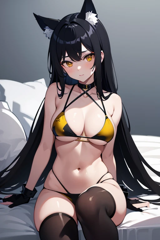 hot girl, beautiful long black hair, bright yellow eyes, sexy black bikini, big but medium breasts, no panties and long black transparent socks, wolf ears,