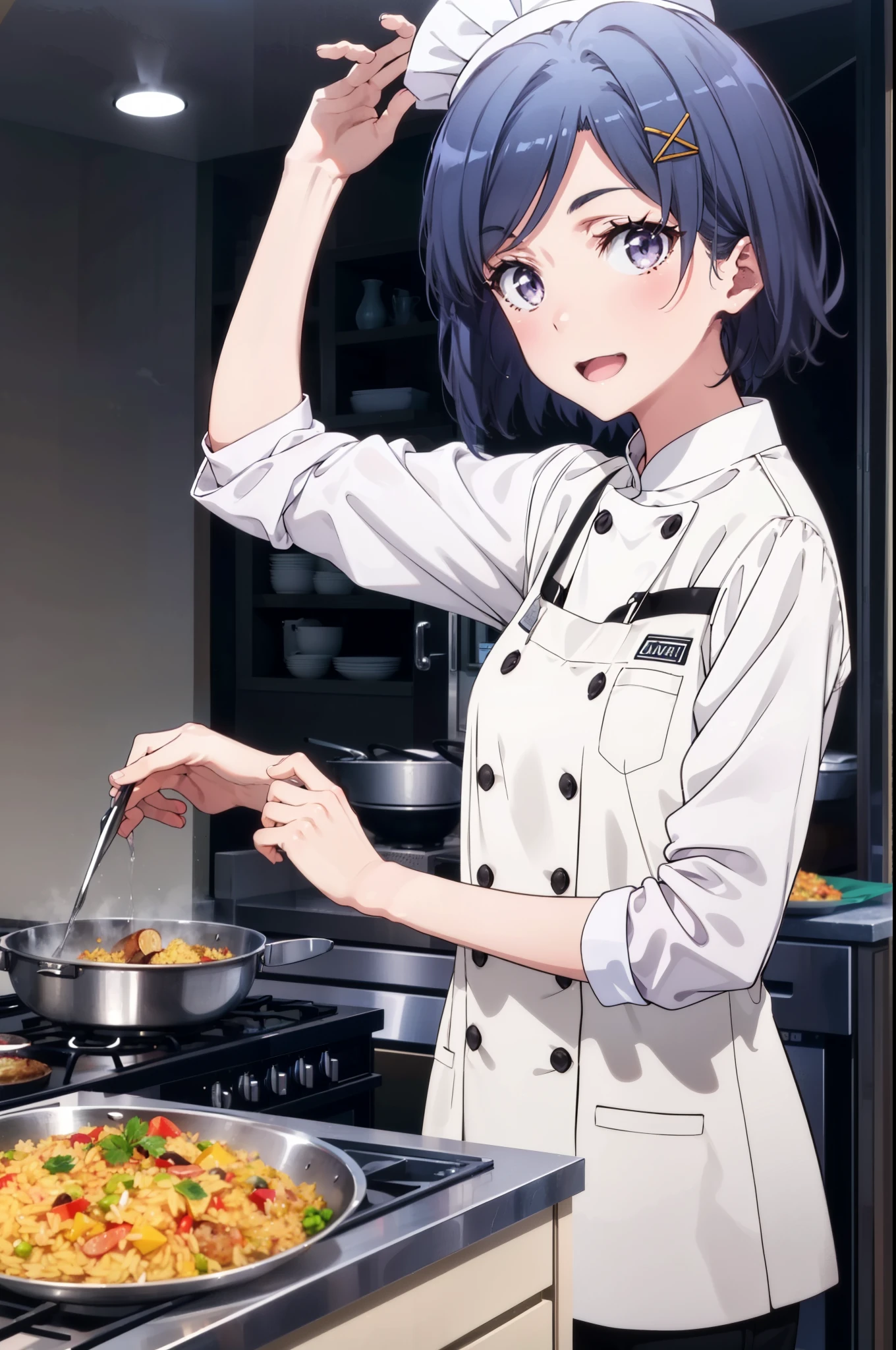 komachihikigaya, komachi hikigaya, short hair, Black Hair, hair ornaments, Ahoge, Hair Clip, x hair ornaments, (Purple eyes:1.1),tooth,happy smile, smile, Open your mouth,chef uniform, chef hat, chef, Zend 4y4, cooking, Chinese pan, fire, fried rice, Stove, フレームから足が外れている
break indoors, kitchen,
break looking at viewer, (Cowboy Shot:1.5),
break (masterpiece:1.2), highest quality, High resolution, unity 8k wallpaper, (shape:0.8), (Beautiful details:1.6), Highly detailed face, Perfect lighting, Extremely detailed CG, (Perfect hands, Perfect Anatomy),