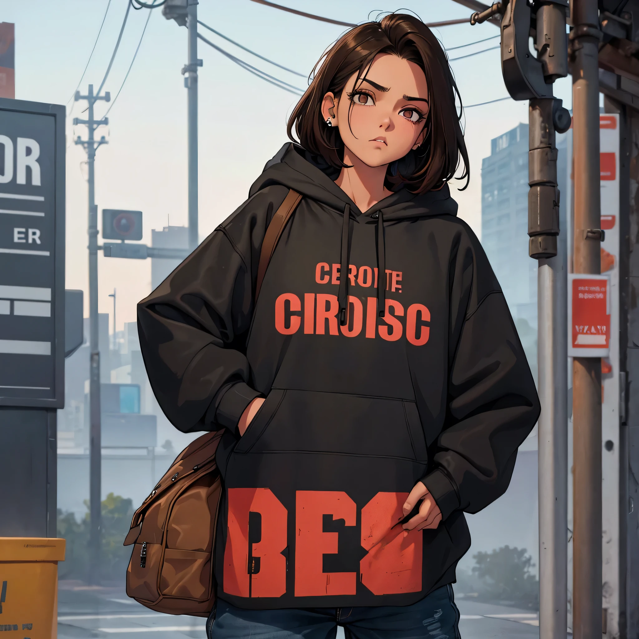 create a blank mock up for a faded black washed hoodie, retro baggy, 90s look, brown hair, with a dark theme, beautiful female thin face, piercings on face, loose fit, baggy, pretty eyes, absolutely blank hoodie, skate park in background, rain