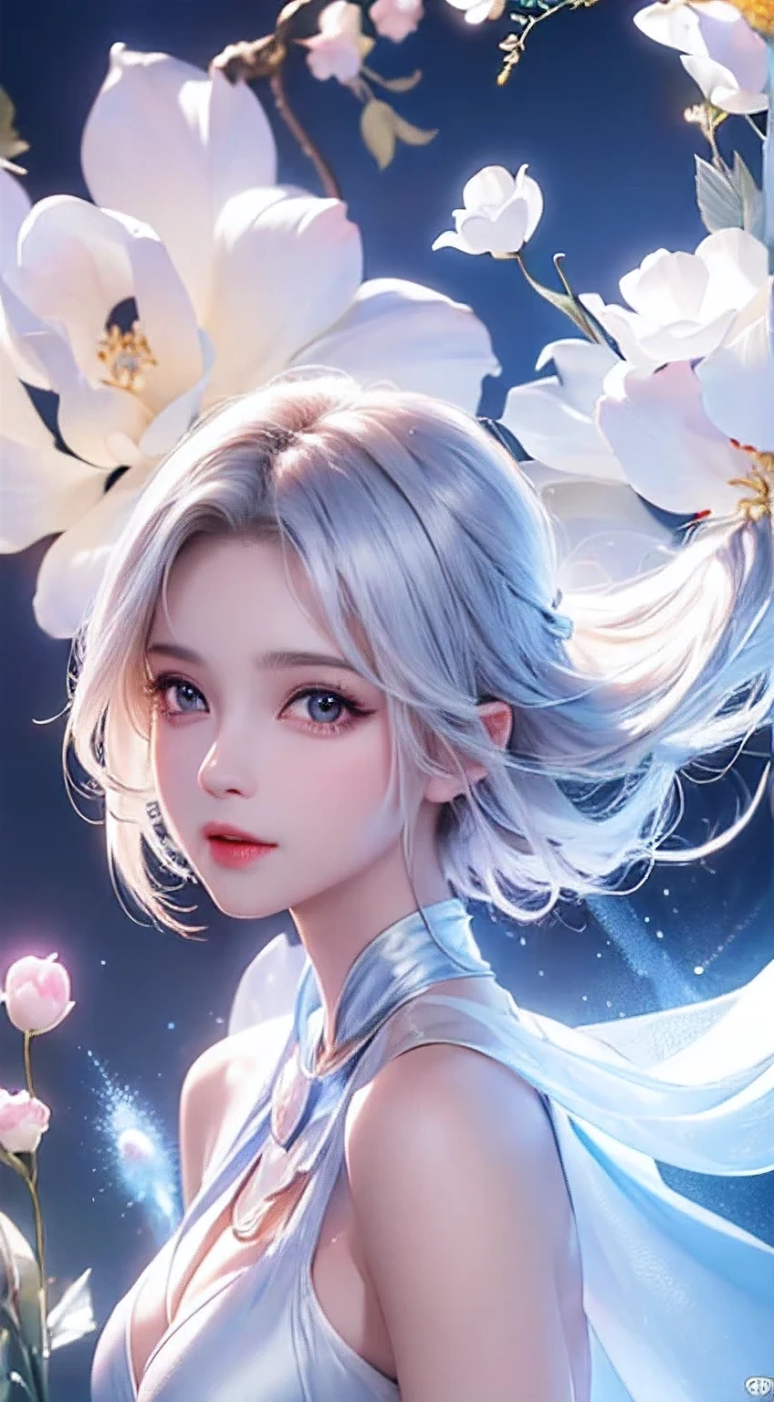 ((masterpiece:1.5、8k、Portrait、Photorealistic and very detailed CG、Very detailed、Particle Effects、Dynamic Effects、Written boundary depth、Cinematic Light、Lens flare、Ray Tracing、Tabletop、Realistic:1.4、超A high resolution:1.2、Realistic、Realistic))((alone、,A woman wearing a long shawl over a satin dress:1.4、Dynamic female pose:、Side  are visible、Detailed face、Bright expression、young, Brighter, Whiter skin、Ample breasts、Best Looks、Ultimate beauty、Shiny silver hair with highlights、Bright and shiny hair,、Super long, Silky straight hair、Hair swaying in the wind))(Surrounded by fantastic transparent flowers、White background、Fantastic background、Thin petals fluttering around)
