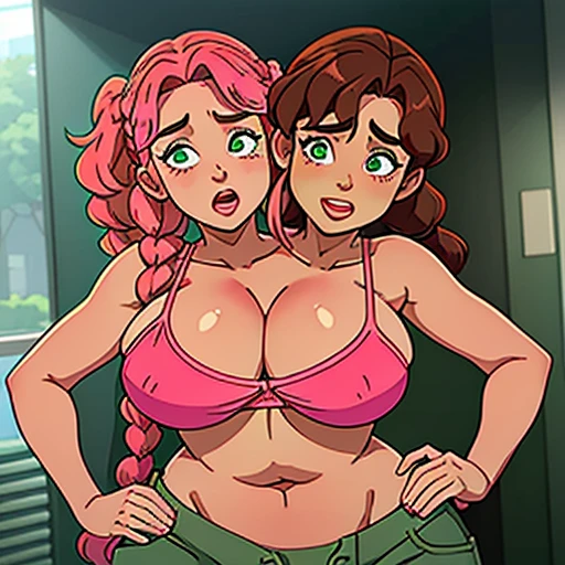 Two headed woman, two heads on one body, obese (large round breasts filling their bikini top to bursting, curly brown hair, (one head floor length pigtails), (other head pink and green dyed braid), age difference, (one head ager), (other head middle aged), uncomfortable as the middle aged head has her hand down her pants