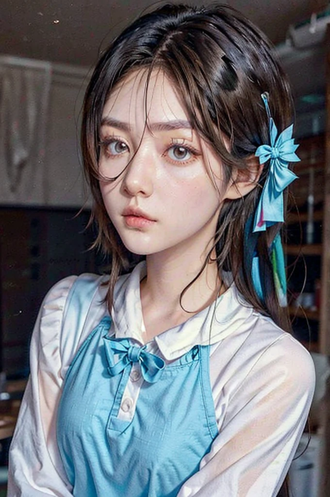 (hyper-realistic), (illustration), (high resolution), (8K), (extremely detailed), (best illustration), Yoru ( Chainsaw Man ), (beautiful detailed eyes), (best quality), (ultra-detailed), (masterpiece), (wallpaper), (detailed face), solo, upper body, focus on face, 1 girl, long black hair, Korean, thin eyeshadow, well-detailed eyes, brown eyes, small moles under the eyes, long sleeve shirt, neck bow,  small breasts, pinafore dress, dynamic pose, low lighting, classroom, night, dark