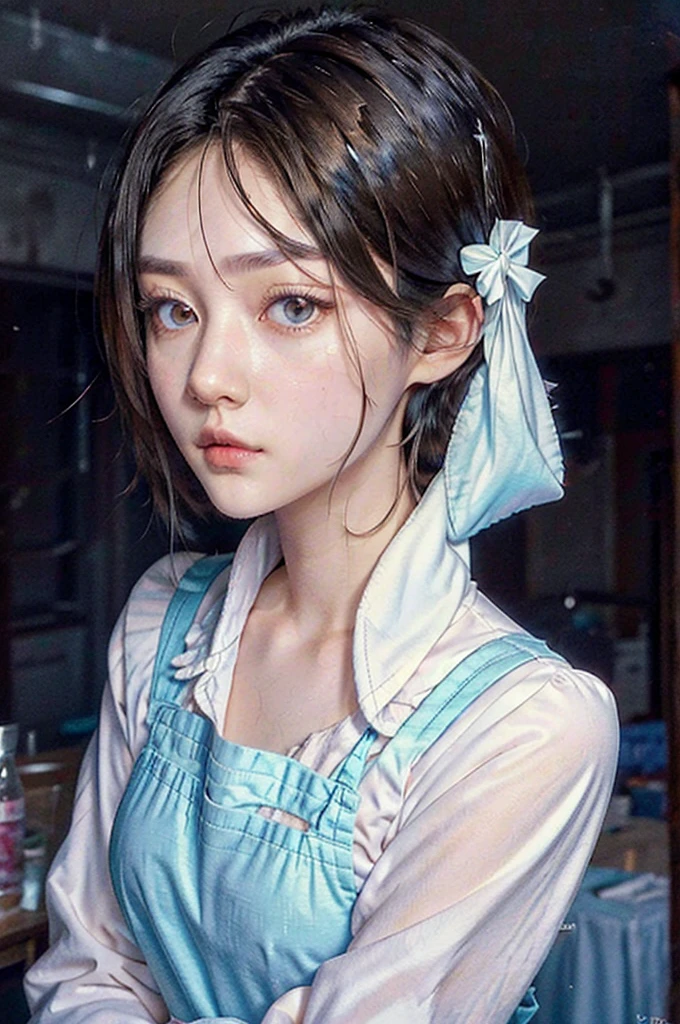 (hyper-realistic), (illustration), (high resolution), (8K), (extremely detailed), (best illustration), Yoru ( Chainsaw Man ), (beautiful detailed eyes), (best quality), (ultra-detailed), (masterpiece), (wallpaper), (detailed face), solo, upper body, focus on face, 1 girl, long black hair, Korean, thin eyeshadow, well-detailed eyes, brown eyes, small moles under the eyes, long sleeve shirt, neck bow,  small breasts, pinafore dress, dynamic pose, low lighting, classroom, night, dark