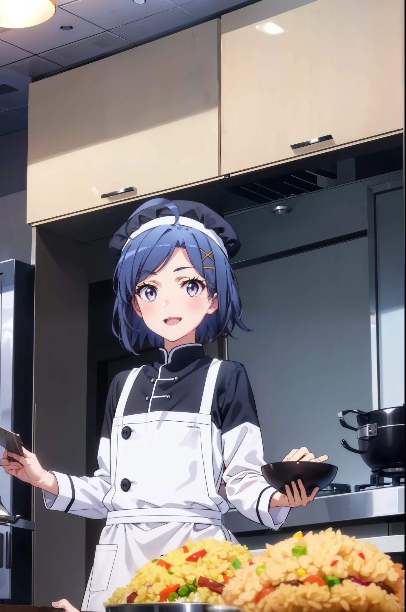 komachihikigaya, komachi hikigaya, short hair, Black Hair, hair ornaments, Ahoge, Hair Clip, x hair ornaments, (Purple eyes:1.1),tooth,happy smile, smile, Open your mouth,chef uniform, chef hat, chef, Zend 4y4, cooking, Chinese pan, fire, fried rice, Stove, フレームから足が外れている
break indoors, kitchen,
break looking at viewer, (Cowboy Shot:1.5),
break (masterpiece:1.2), highest quality, High resolution, unity 8k wallpaper, (shape:0.8), (Beautiful details:1.6), Highly detailed face, Perfect lighting, Extremely detailed CG, (Perfect hands, Perfect ???????),