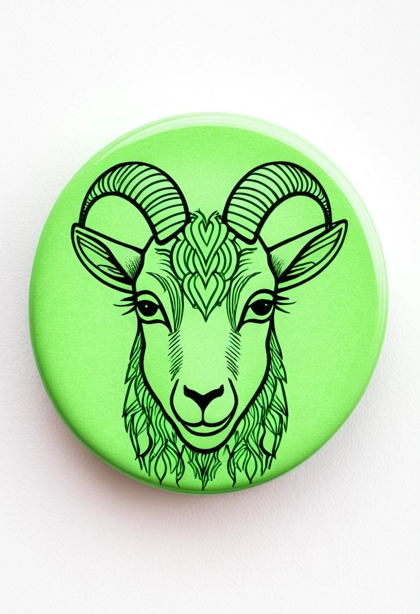 Button with a green goat face symbol drawn on it