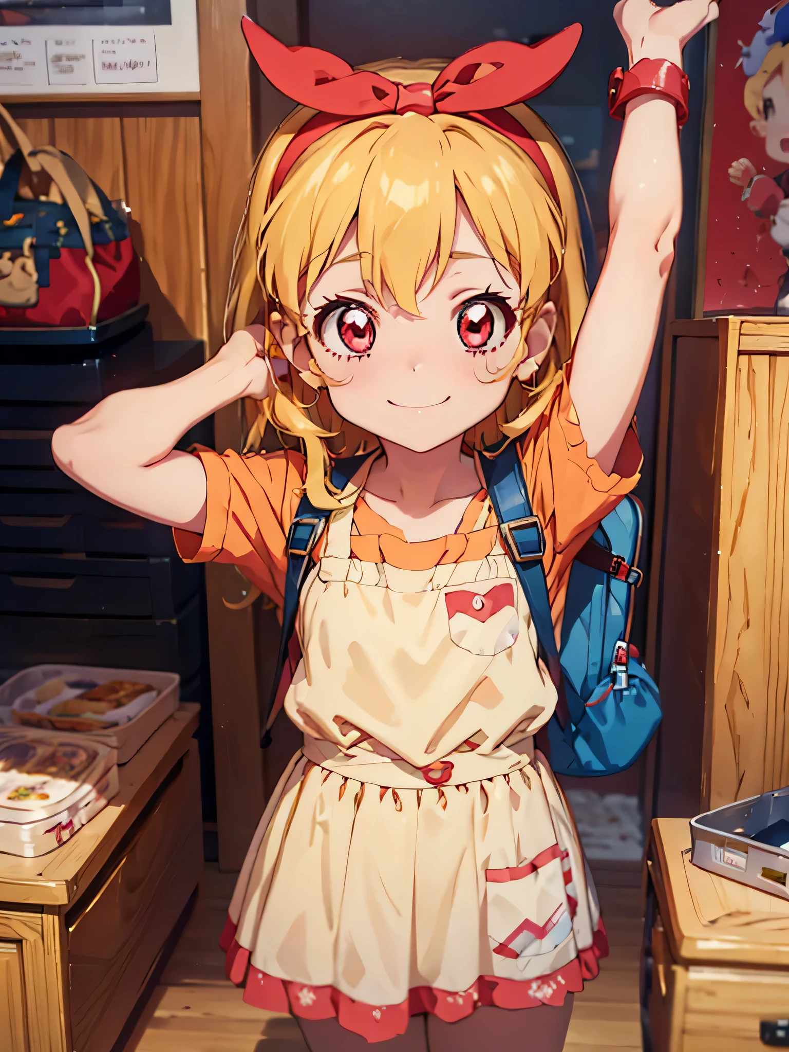 anime cg, highresolution, cute , smile, trainingroom, (RED Ribbon on HAIRband:1.2),Blonde hair, ,(((ddler,ch),(((toddlerhild))),nime in which the girl wears a short pink dress with a backpack, 1girl, backpack, solo, bag, , brown eyes, apron, randoseru, apron, short hair,Ichigo Hoshimiya (Aikatsu!),