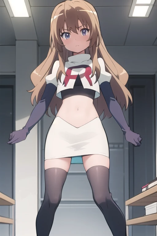 solo, 1girl, looking at viewer, 2D, anime, anime coloring, team rocket,team rocket uniform,white skirt,red letter R,crop top,black thigh-highs,black elbow gloves, taiga aisaka, oohashi, 