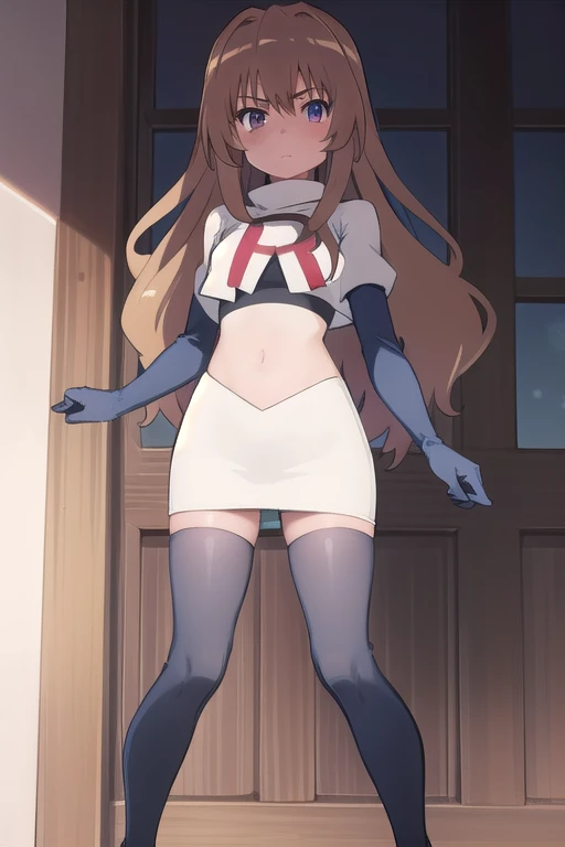 solo, 1girl, looking at viewer, 2D, anime, anime coloring, team rocket,team rocket uniform,white skirt,red letter R,crop top,black thigh-highs,black elbow gloves, taiga aisaka, oohashi,