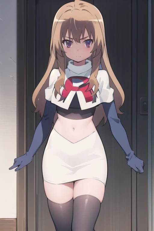solo, 1girl, looking at viewer, 2D, anime, anime coloring, team rocket,team rocket uniform,white skirt,red letter R,crop top,black thigh-highs,black elbow gloves, taiga aisaka, oohashi,