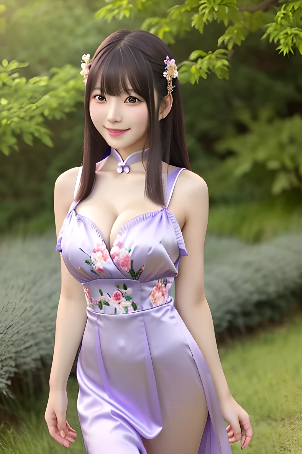 Product quality, One girl per photo, Cowboy Shot, Front view, Cute young Japanese women, Long Bob Hair, Very smiling, ((Translucent satin Chinese-style dress, Lavender color, Floral)), Super cute face, Glossy Lips, Double eyelids on both eyes, Natural Makeup, shiny smooth light brown hair of Long Bob Hair, asymmetrical bangs, High resolution, Attention to detail, Detailed hairstyle, Detailed face, Cinema Lighting, Octane Rendering, Ultra-realistic, Perfect limbs, Perfect Anatomy, Black choker, Blue Eyes, Very long eyelashes, bangs, Fantasy, ((Slim body, Slim face, Cleavage)), A good attitude, Elegant, Well-bred, Big Breasts, Looking at the camera and smiling