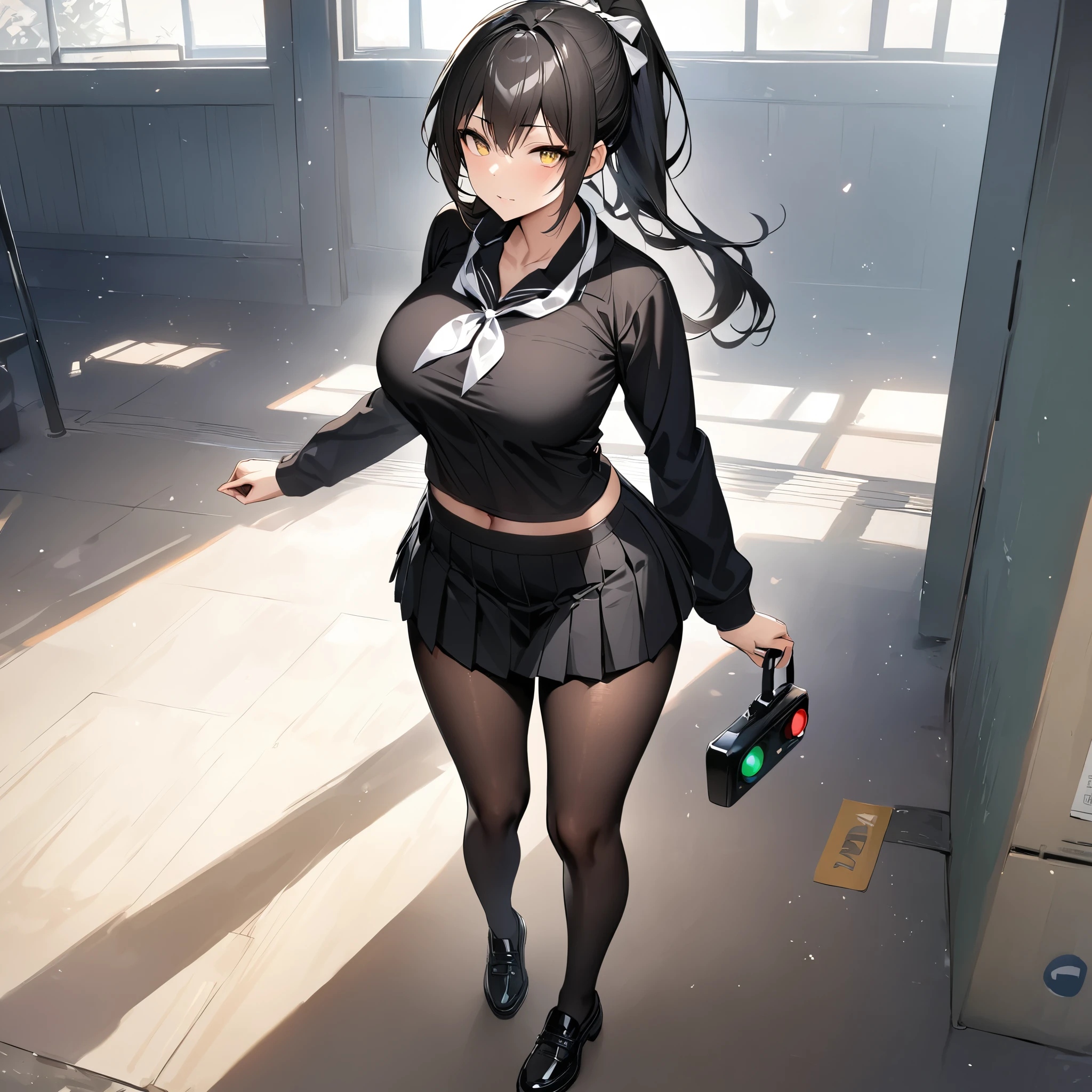 A woman wearing a black school t-shirt with long sleeves, a short black skirt, black tights, black women's shoes, exposed abdomen, large breasts, white bow around her neck, long black hair, ponytail hair, white bow in her hair, walking in a Japanese school room, yellow eyes, full body., a very detailed trail, lamp post, traffic light, ( alone woman), HDR, ultra resolution, clear, masterpiece, 8K HD ( woman solo)
