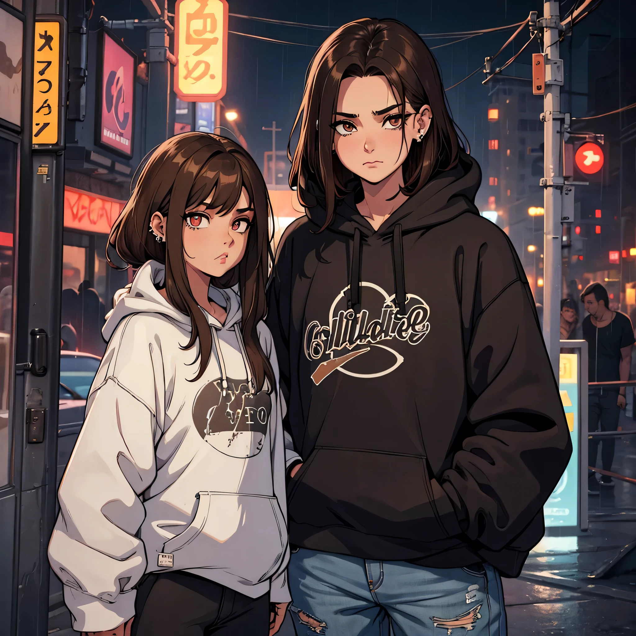 create a blank mock up for a faded black washed hoodie, retro baggy, 90s look, brown hair, with a dark theme, beautiful female thin face, piercings on face, loose fit, baggy, pretty eyes, absolutely blank hoodie, night life in background, rain