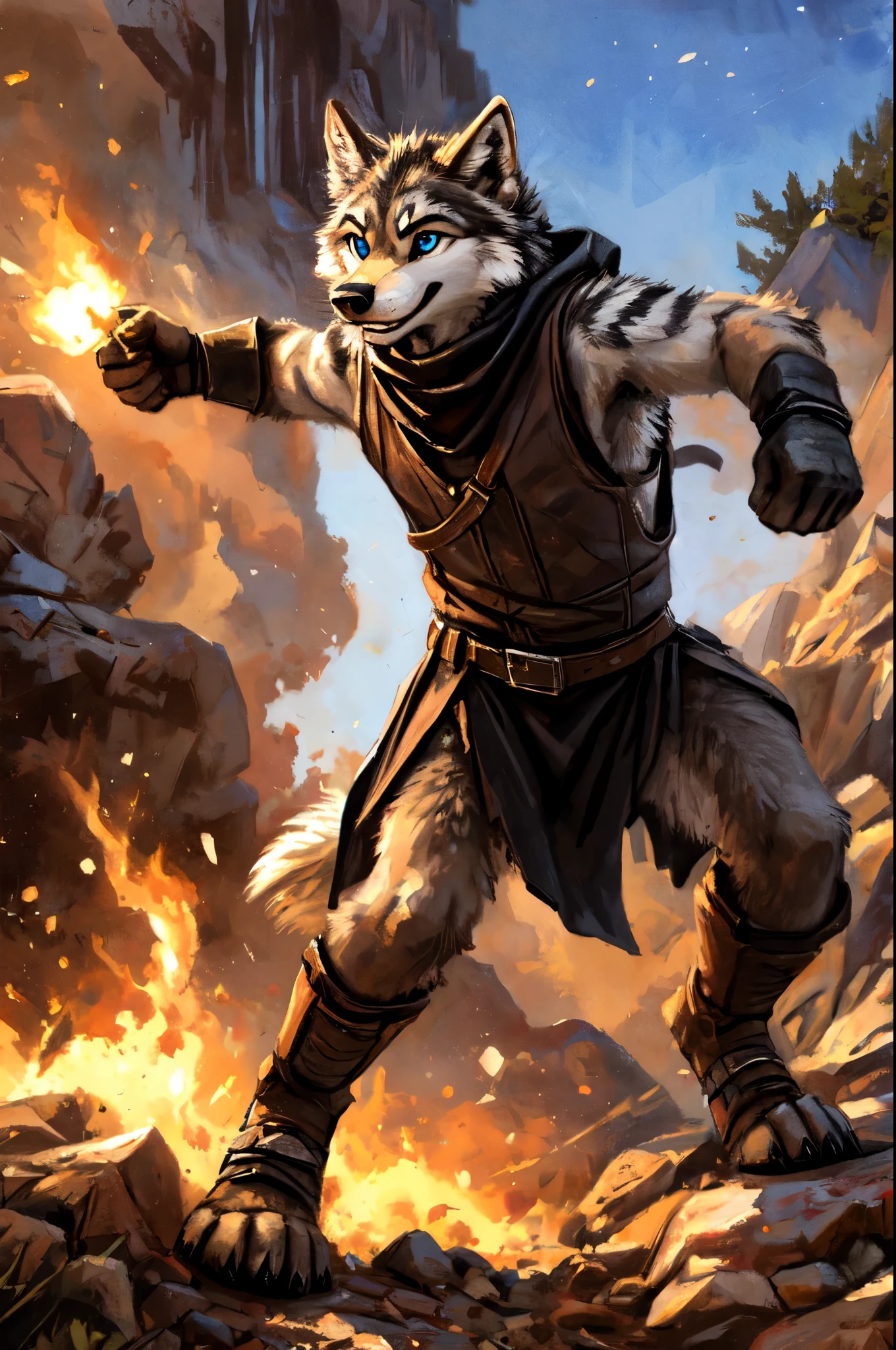 Solo, teen furry, furry, teen, white wolf, wolf, white body, grey stripes, googles, black sleeveless jacket, black loincloth, holy magic, masterpiece, Detailed face, big eyebrows, blue eyes, detailed eyes, No muscles, Detailed hands, Flat body, Skinny, Detailed paws, no shirt, no underwear, black gloves, black boots, art by kenket, action pose, black scarf