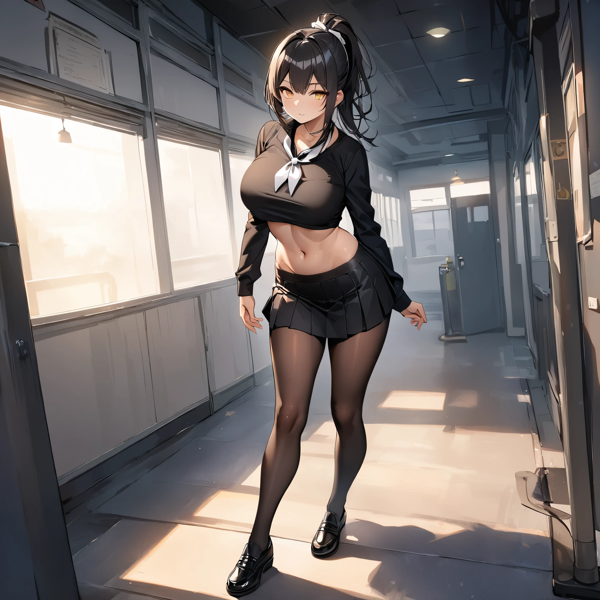 A woman wearing a black school t-shirt with long sleeves, a short black skirt, black tights, black women's shoes, exposed abdomen, large breasts, white bow around her neck, long black hair, ponytail hair, white bow in her hair, walking in a Japanese school room, yellow eyes, full body., a very detailed trail, lamp post, traffic light, ( alone woman), HDR, ultra resolution, clear, masterpiece, 8K HD ( woman solo)
