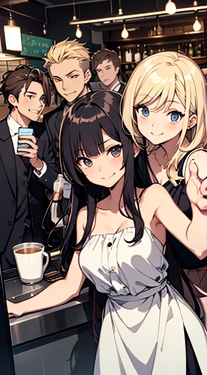 Beautiful girls, Skinny body, Mid-chest, Strapless and sleeveless white shirt, Black short skirt, Simple cartoon, In different clothes, hair, different positions, Group selfie, Group of elegant men in suits, Anime Style, Everyone looks happy, Barista, Cafe Background,Alumni Association