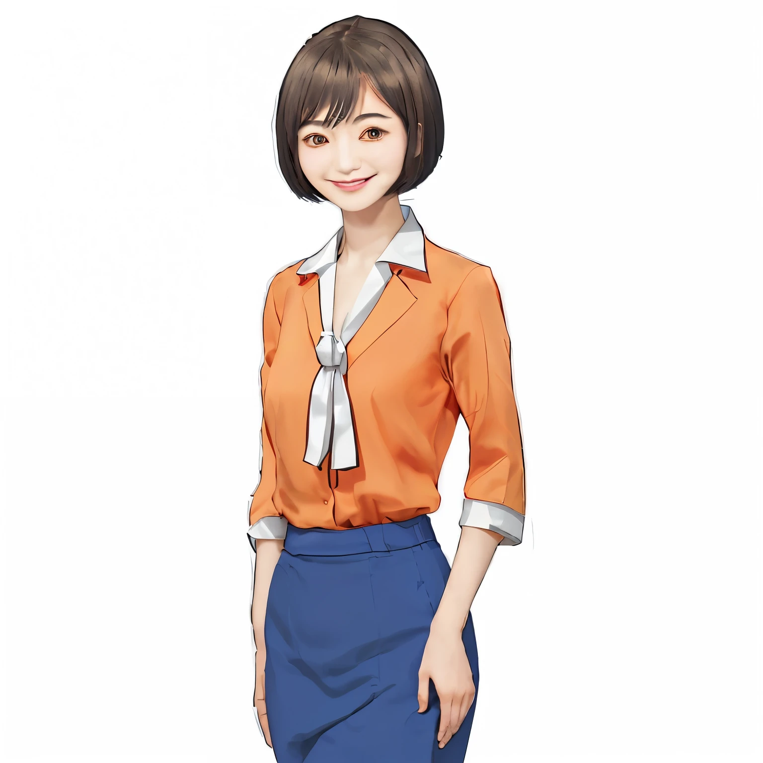 Japanese women、smile、Shortcuts、Orange clothes、Hands next to feet、、The background is white、highest quality、Best details