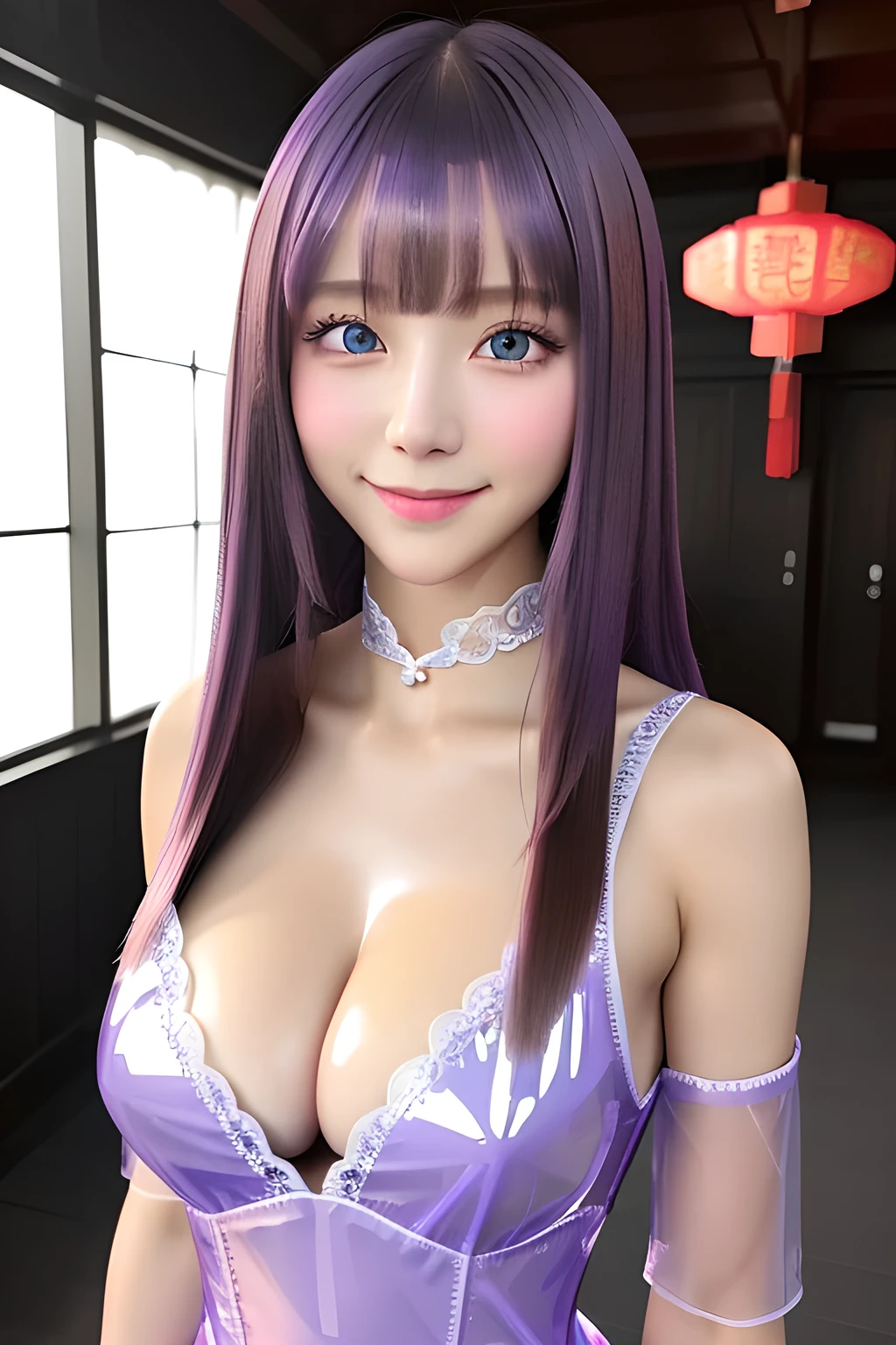 Product quality, One girl per photo, Cowboy Shot, Front view, Cute young Japanese women, Long Bob Hair, Very smiling, ((Translucent latex Chinese dress, Lavender color, Floral)), Super cute face, Glossy Lips, Double eyelids on both eyes, Natural Makeup, shiny smooth light brown hair of Long Bob Hair, asymmetrical bangs, High resolution, Attention to detail, Detailed hairstyle, Detailed face, Cinema Lighting, Octane Rendering, Ultra-realistic, Perfect limbs, Perfect Anatomy, Black choker, Blue Eyes, Very long eyelashes, bangs, Fantasy, ((Slim body, Slim face, Cleavage)), A good attitude, Elegant, Well-bred, Big Breasts, Looking at the camera and smiling