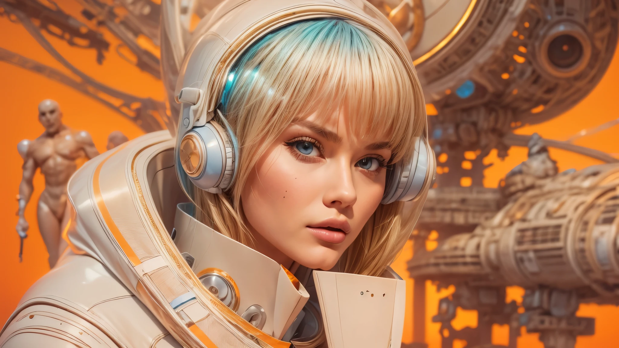 arafed image of a white woman in a futuristic suit with a spaceship in the background, movie art, in front of an orange background, inspired by Robert McGinnis, female protagonist, megastructure in the background, portrait of an ai astronaut, astronauts, an astronaut, portrait of a astronaut skeletor, perfect android girl, Highly Detailed Face and Skin Texture, Detailed Eyes, Double eyelids, perfectly detailed teeth, frank franzzeta and sakimichan  