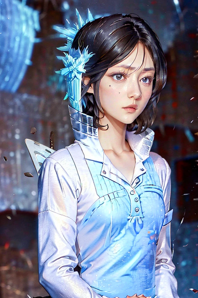 (hyper-realistic), (illustration), (high resolution), (8K), (extremely detailed), (best illustration), Yoru ( Chainsaw Man ), (beautiful detailed eyes), (best quality), (ultra-detailed), (masterpiece), (wallpaper), (detailed face), solo, upper body, focus on face, 1 girl, long black hair, Korean, thin eyeshadow, well-detailed eyes, brown eyes, small moles under the eyes, long sleeve shirt, neck bow,  small breasts, pinafore dress, dynamic pose, low lighting, classroom, night, dark