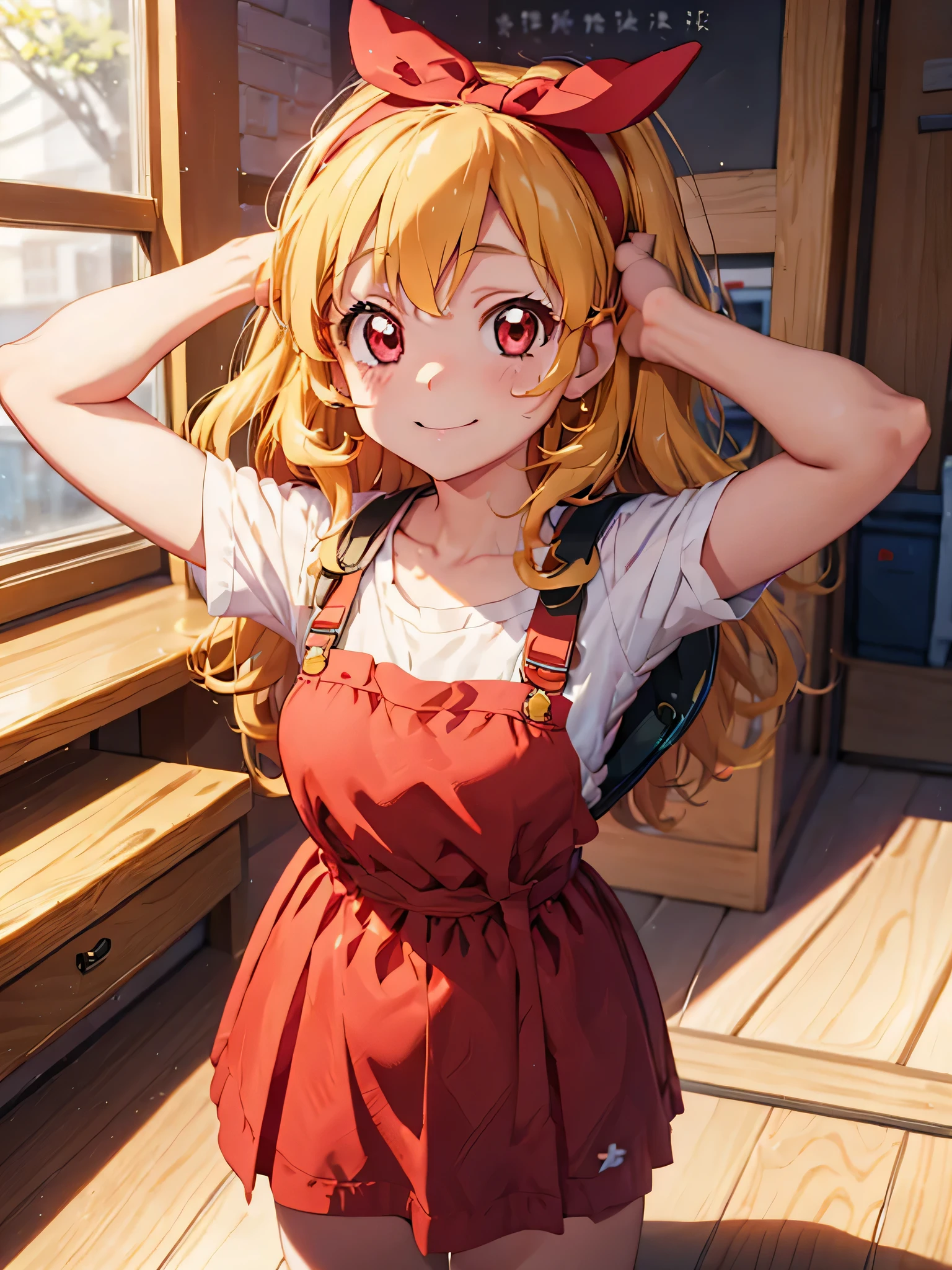 anime cg, highresolution, cute , smile, trainingroom, (RED Ribbon on HAIRband:1.2),Blonde hair, ,(((toddler,child))),(((toddler,child))),moe anime in which the girl wears a short pink dress with a backpack, 1girl, backpack, solo, bag, , brown eyes, apron, randoseru, apron, short hair,Ichigo Hoshimiya (Aikatsu!),