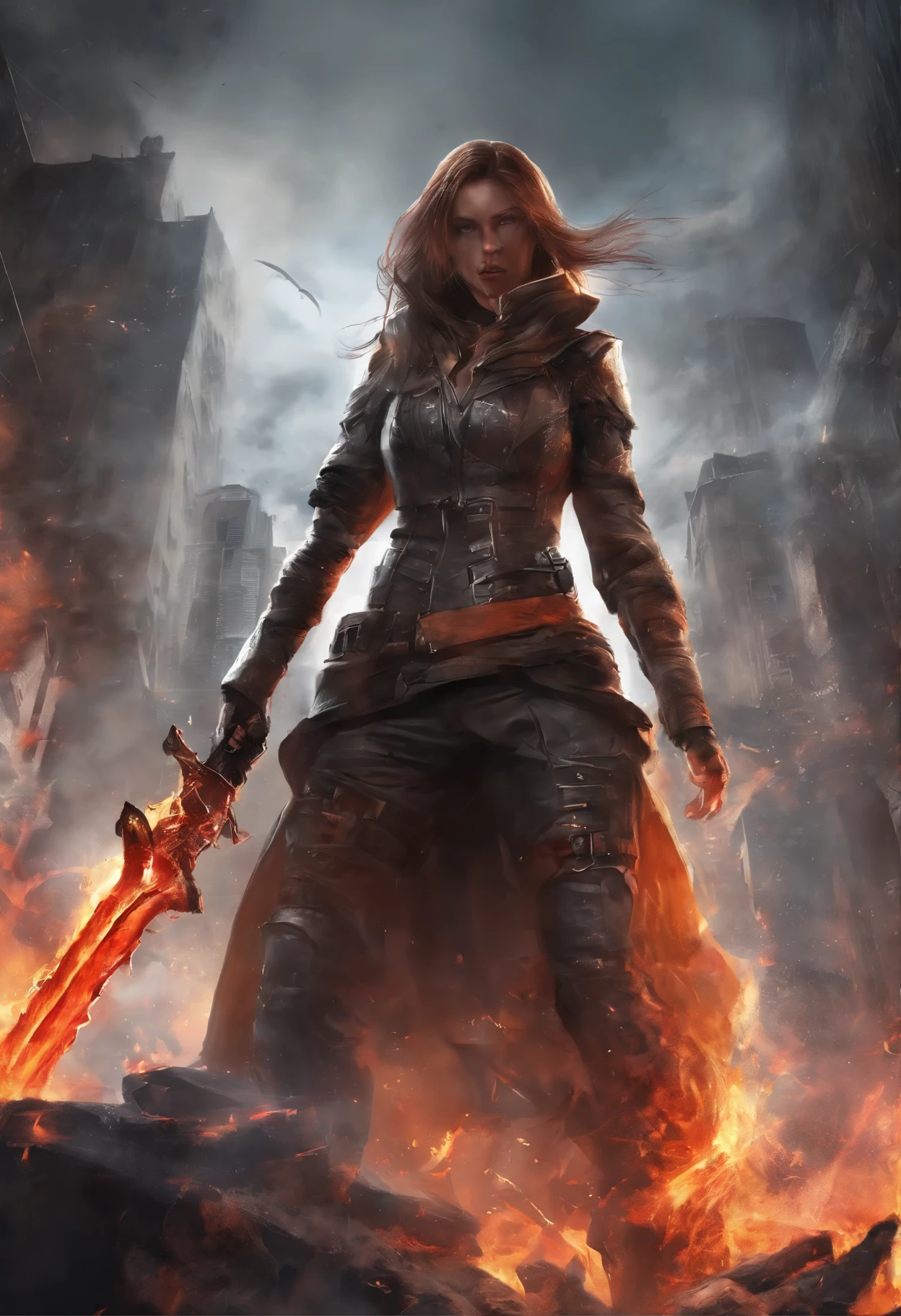 Best quality,masterpiece,ultra high res,(photorealistic:1.4),women,covered-face,hyper-realistic fire effect,detailed face,covered face
1girl,long sword,long hair,cleavage,high slit,(fiery aura:1.2),fire magic,beautiful girl,glowing eyes,full, destroyed city burning ,heavy snow,combat,battlefield,blood-stained,heavy fighting in background,