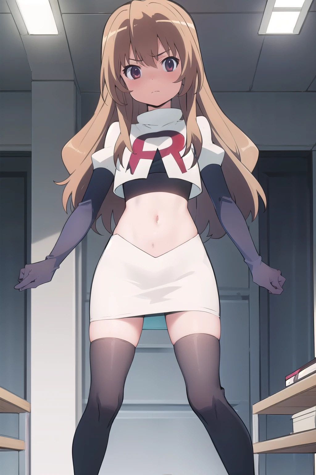 solo, 1girl, looking at viewer, 2D, anime, anime coloring, team rocket,team rocket uniform,white skirt,red letter R,crop top,black thigh-highs,black elbow gloves, taiga aisaka, oohashi,
