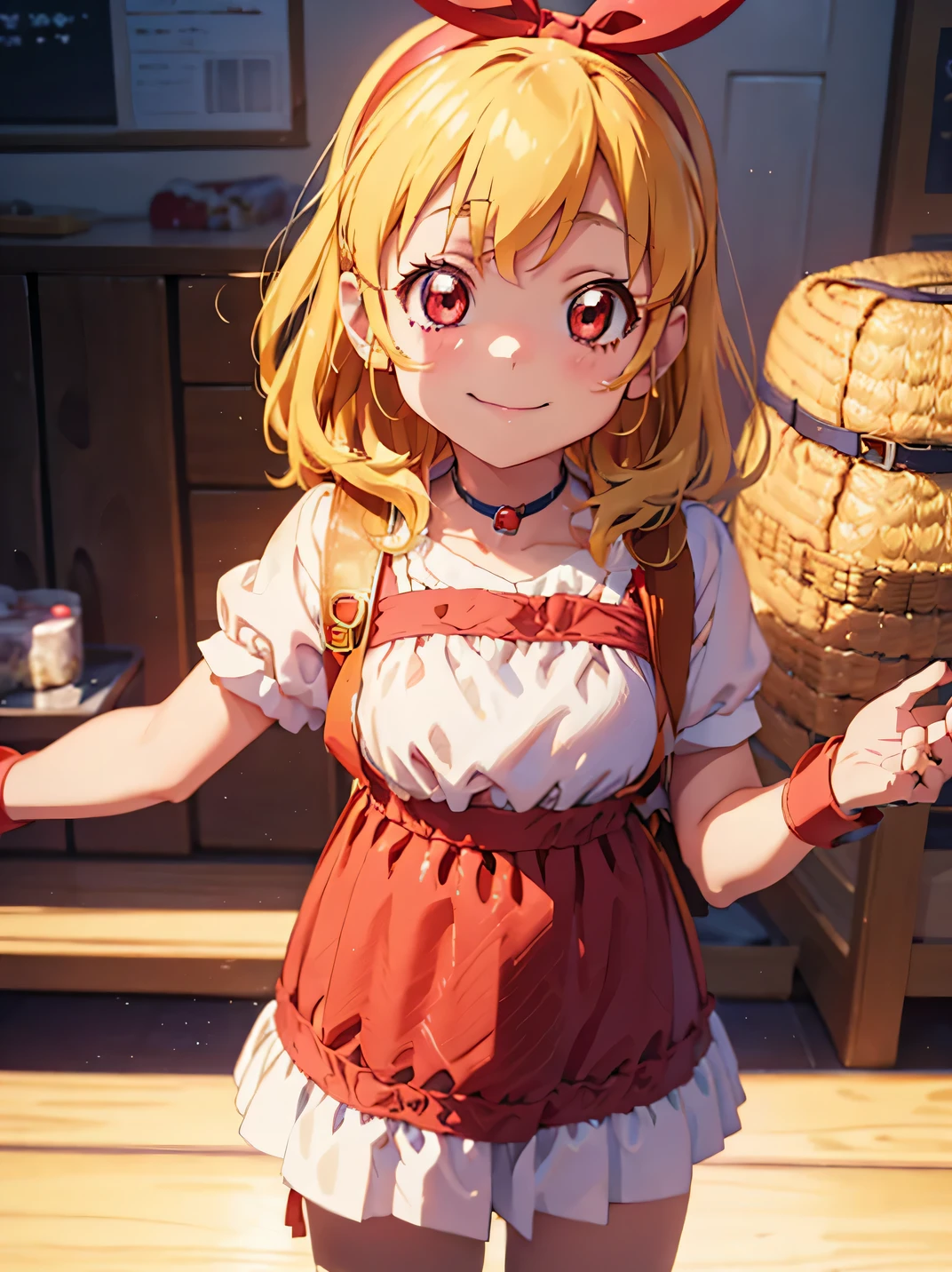 anime cg, highresolution, cute , smile, trainingroom, (RED Ribbon on HAIRband:1.2),Blonde hair, ,(((ddler,ch),(((toddlerhild))),nime in which the girl wears a short pink dress with a backpack, 1girl, backpack, solo, bag, , brown eyes, apron, randoseru, apron, short hair,Ichigo Hoshimiya (Aikatsu!),