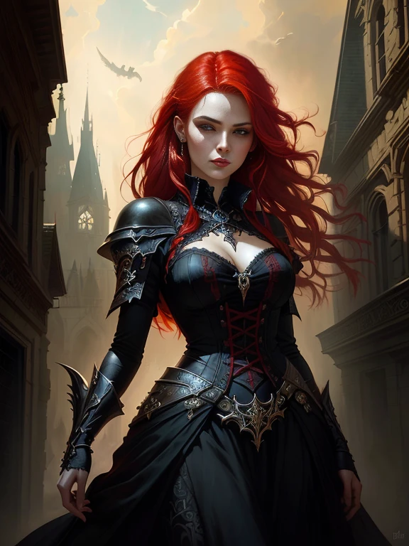 Close-up of a woman with red hair in a dress, gothic fantasy art, Dark fantasy art, Dark Fantasy Art, in style of Dark Fantasy Art, dark fantasy horror art, Karol Bak Oud, fantasy victorian art, Stylized urban fantasy art, Raymond Swanland&#39;s style, fantasy horror art, Dark Fantasy Artwork, Gothic art, Dramatic fantasy art