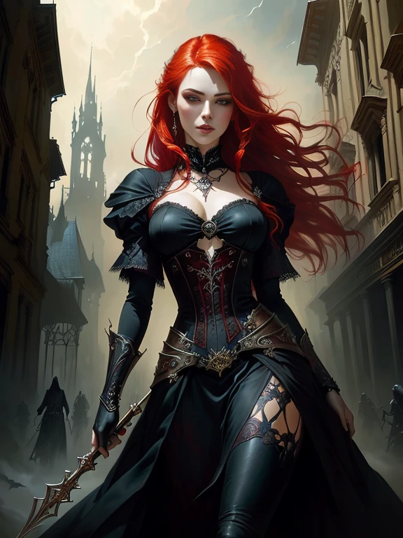 Close-up of a woman with red hair in a dress, gothic fantasy art, Dark fantasy art, Dark Fantasy Art, in style of Dark Fantasy Art, dark fantasy horror art, Karol Bak Oud, fantasy victorian art, Stylized urban fantasy art, Raymond Swanland&#39;s style, fantasy horror art, Dark Fantasy Artwork, Gothic art, Dramatic fantasy art