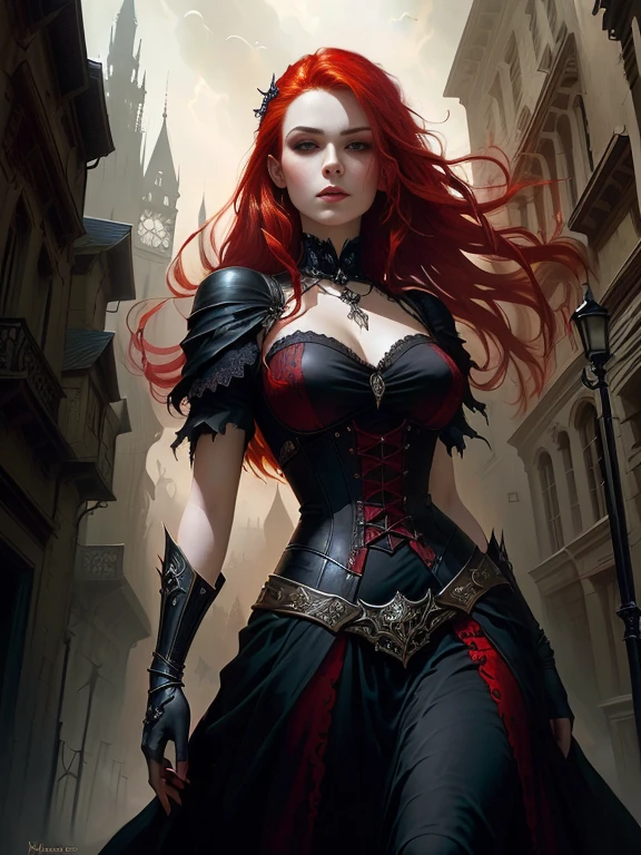 Close-up of a woman with red hair in a dress, gothic fantasy art, Dark fantasy art, Dark Fantasy Art, in style of Dark Fantasy Art, dark fantasy horror art, Karol Bak Oud, fantasy victorian art, Stylized urban fantasy art, Raymond Swanland's style, fantasy horror art, Dark Fantasy Artwork, Gothic art, Dramatic fantasy art
