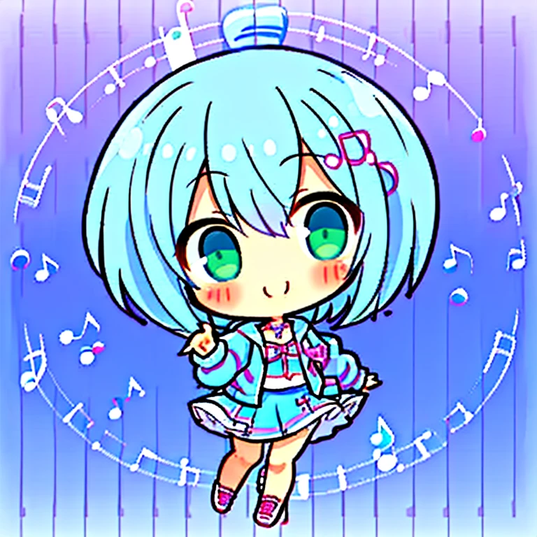 ((blue pink punk hoodie,puffy sleeves,white skirt,white shoes,shoes,athletic sneakers,))，tchibi，1girll，Smile，pointing finger，Solo，Green eyes，full bodyesbian，blue short hair，(complex musical notes background,musical notes, music background:1.5)，Blush，bandsgirl，Music，Guitar，headphone.