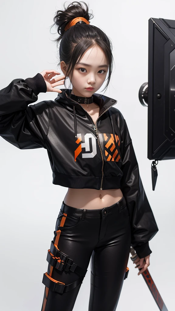 An 18 year old Chinese teenage girl, make-up douyin, wears cool cyberpunk style clothes in variations of black and orange, posing while carrying a sword in her hand, on a white background.