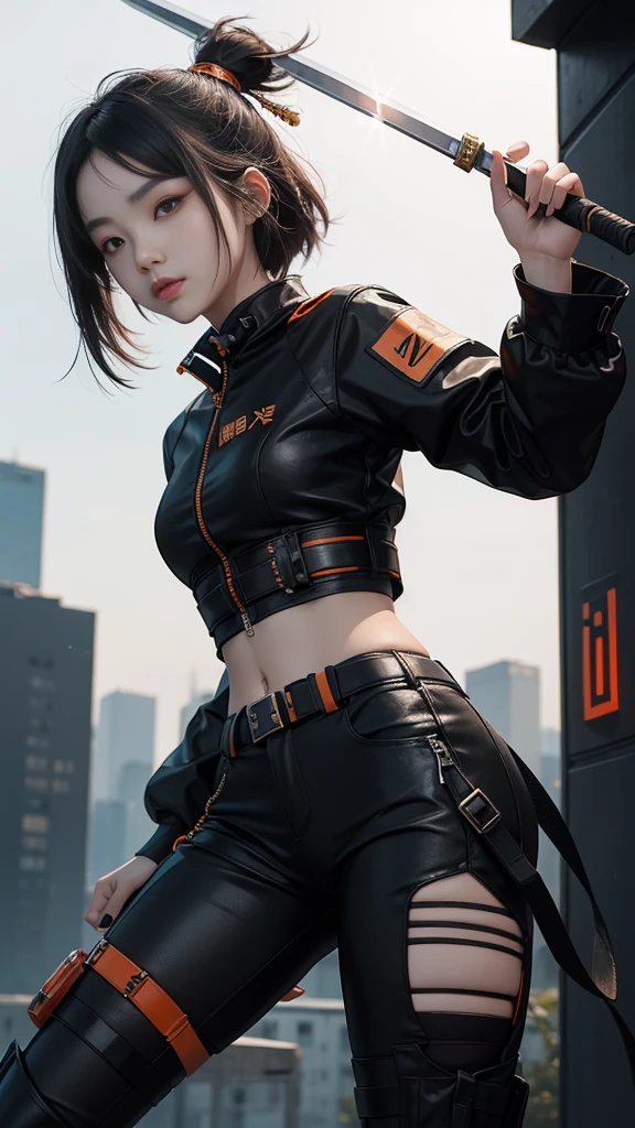 An 18 year old Chinese teenage girl, make-up douyin, wears cool cyberpunk style clothes in variations of black and orange, posing while carrying a sword in her hand, on a white background.