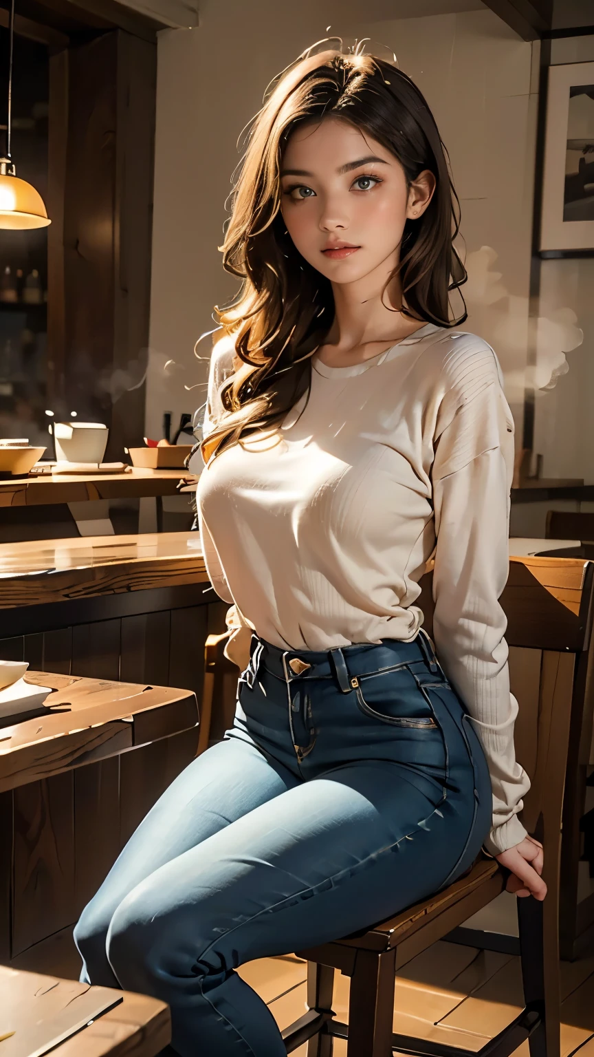 (((HD photo))), ultra high res.photorealistic: 1.4, UHD, masterpiece, trending on artstation, portrait, upper body shot, 1girl, pretty, cute face, detailed face, detailed eyes, most beautiful in the world, soft, delicate, (long red hair), large sagging breasts, slim waist, (wearing breton stripe jumper, jeans, (sitting on chair in sushi restaurant), sushi, miso, steam, fine dining, diners, busy, wine glass, open kitchen, sunkissed