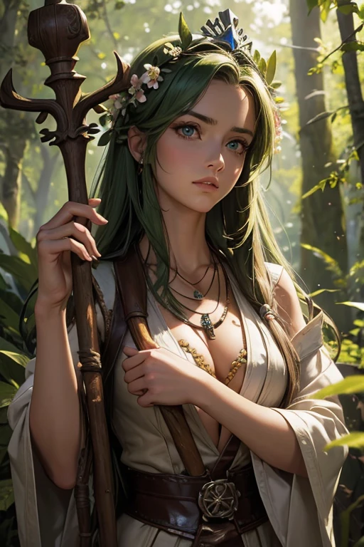 (masterpiece), perfect anatomy, intricate, (highly detailed), masterpiece, photorealistic, perfect anatomy, cinematic lighting, shading, super detailed skin, (beautiful detailed eyes:1.3), best quality, ultra-detailed, (illustration), ultra-detailed, looking at viewer, (extremely intense eyes:1.3), 1 woman, (1girl, solo, leaf, plant_girl, nature, green_hair, forest, long_hair, lips, green_theme, brown_eyes, realistic, tree, looking_at_viewer, breasts, hand_on_own_chest), (brown native leather outfit, gnarled wooden staff in hand, crown of flowers, Skin made of bark:1.3), tree elemental, (celtic tattoos, celtic necklace, druid).