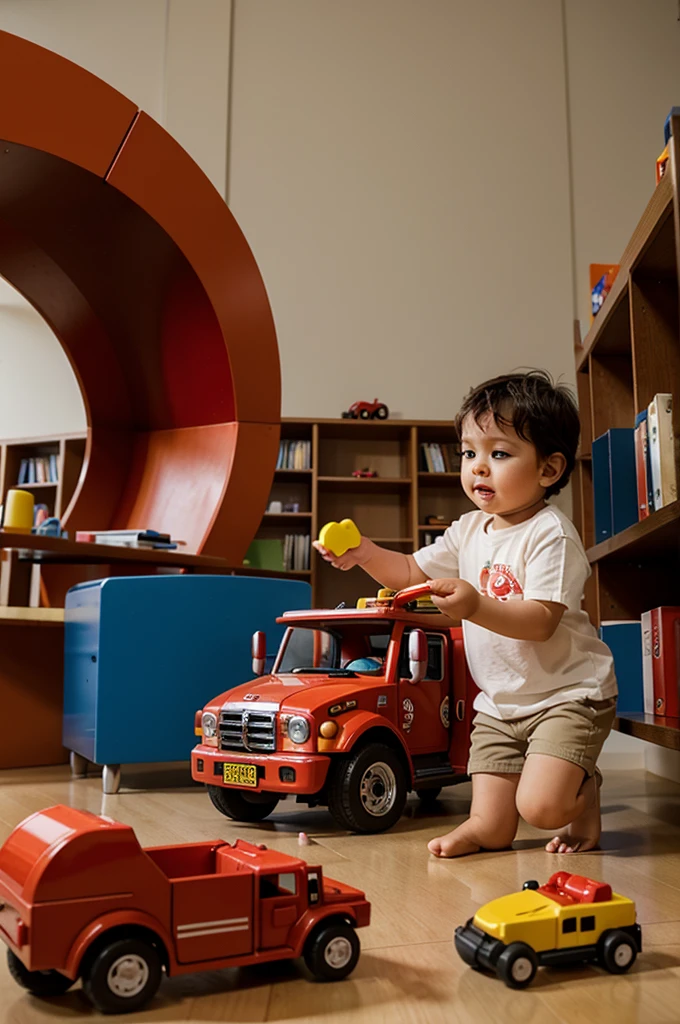 -yead babg with a toy fire truck in a library room.