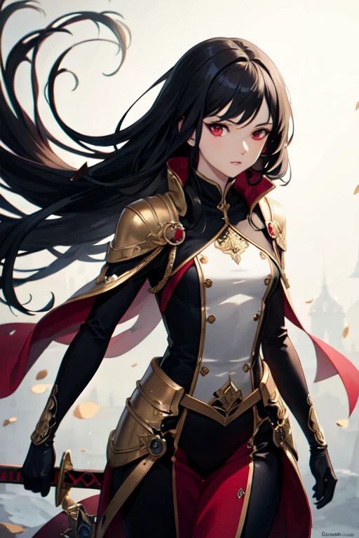 ((best quality)), ((masterpiece)), (detailed), perfect facemake me an anime character, good image quality, woman with black hair, carrying a red sword, shiny red eyes, cold face, high quality 4k, fantasy clothes, exuding an aura of authority, beautiful and graceful, flat face, cool, nice